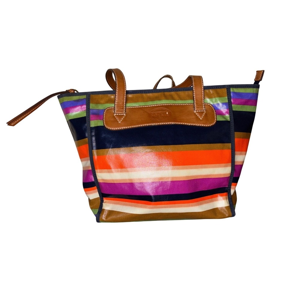 Fossil Striped Tote Bag Multicolor Leather Trim Canvas Women's Carryall Beachy